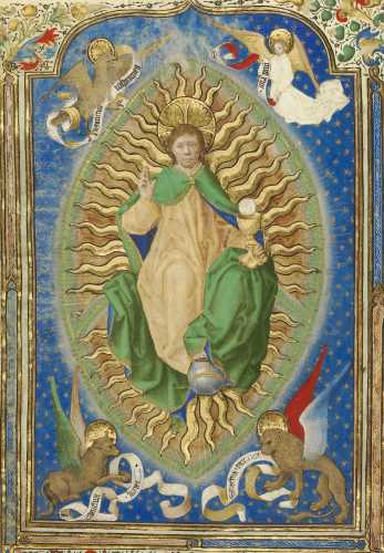 Antoine de Lonhy (French, active about 1460 - about 1490) Christ in Majesty, about 1460, Tempera colors, gold leaf, and gold paint on parchment Leaf: 34.5 x 25 cm (13 9/16 x 9 13/16 in.)