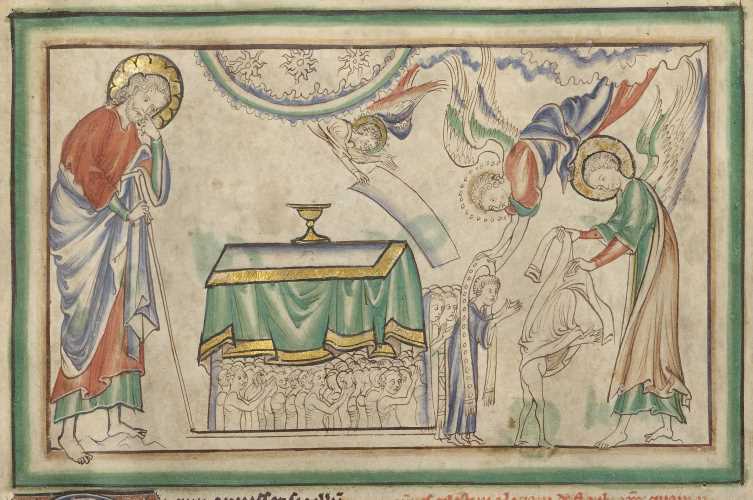 The Opening of the Fifth Seal: The Souls of the Dead Receiving White Robes, about 1255 - 1260, Tempera colors, gold leaf, colored washes, pen and ink on parchment Leaf: 31.9 x 22.5 cm (12 9/16 x 8 7/8 in.) The J. Paul Getty Museum, Los Angeles
