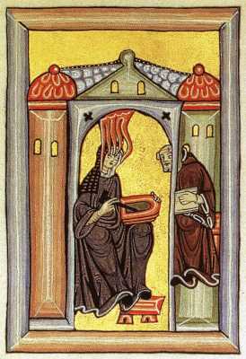 St. Hildegard, Midevial, Source - Miniatur aus dem Rupertsberger Codex des Liber Scivias.